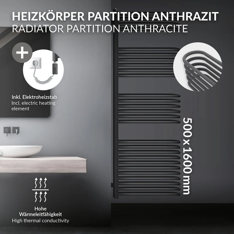 Elektrischer Badheizkörper mit Heizstab 900W 500x1600 mm Anthrazit mit Thermostat Touchbedienung LuxeBath