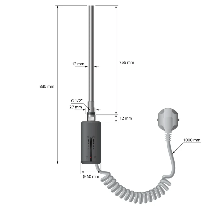 Elektrischer Badheizkörper mit Heizstab 900W 500x1600 mm Anthrazit mit Thermostat Touchbedienung LuxeBath