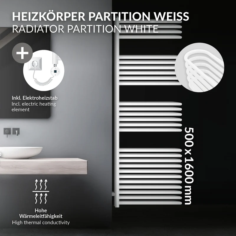 Elektrischer Badheizkörper mit Heizstab 900W 500x1600 mm Weiß mit Thermostat Digitalanzeige LuxeBath