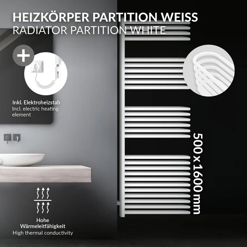 Elektrischer Badheizkörper mit Heizstab 1200W 500x1600 mm Weiß mit Thermostat Touchbedienung LuxeBath