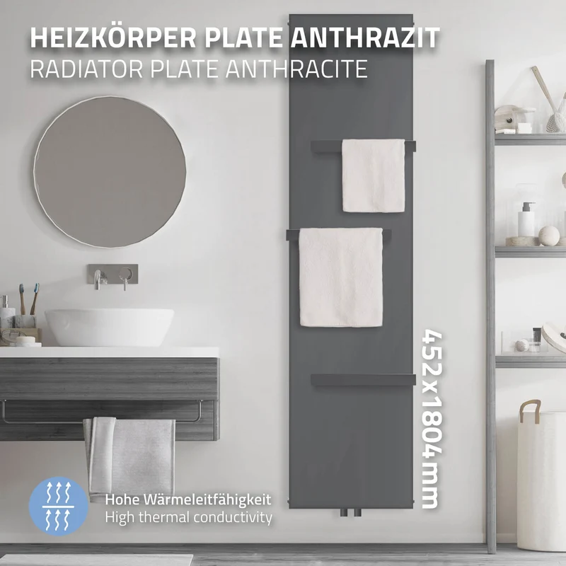Badheizkörper Einlagig mit 3x Handtuchhalter 1800x452 mm Anthrazit mit Mittelanschluss LuxeBath