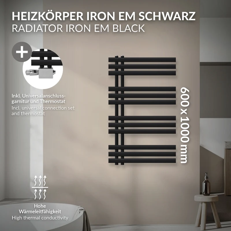 Badheizkörper Mittelanschluss 600x1000 mm Schwarz matt mit Universal Thermostatventil LuxeBath