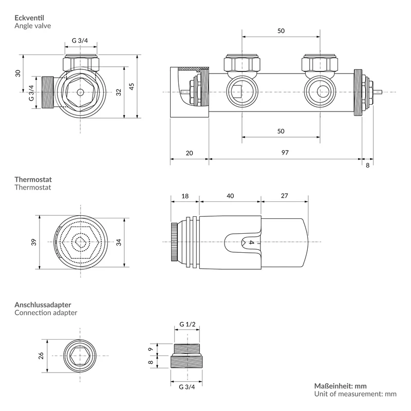 Ventil Armaturen Set Multiblock Weiß Eckform inkl. Thermostatkopf LuxeBath