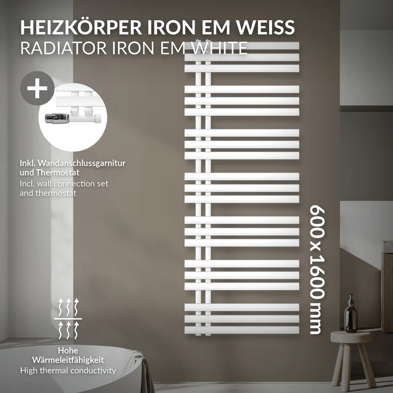 Badheizkörper Mittelanschluss 600x1600 mm Weiß mit Wand Anschlussgarnitur LuxeBath