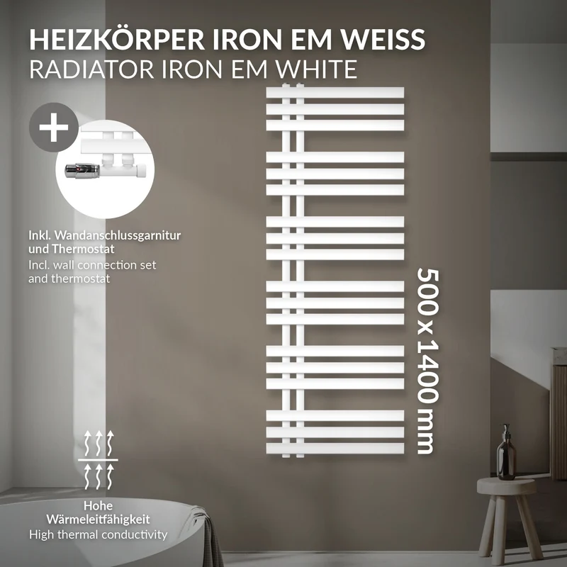 Badheizkörper Mittelanschluss 500x1400 mm Weiß mit Wand Anschlussgarnitur LuxeBath