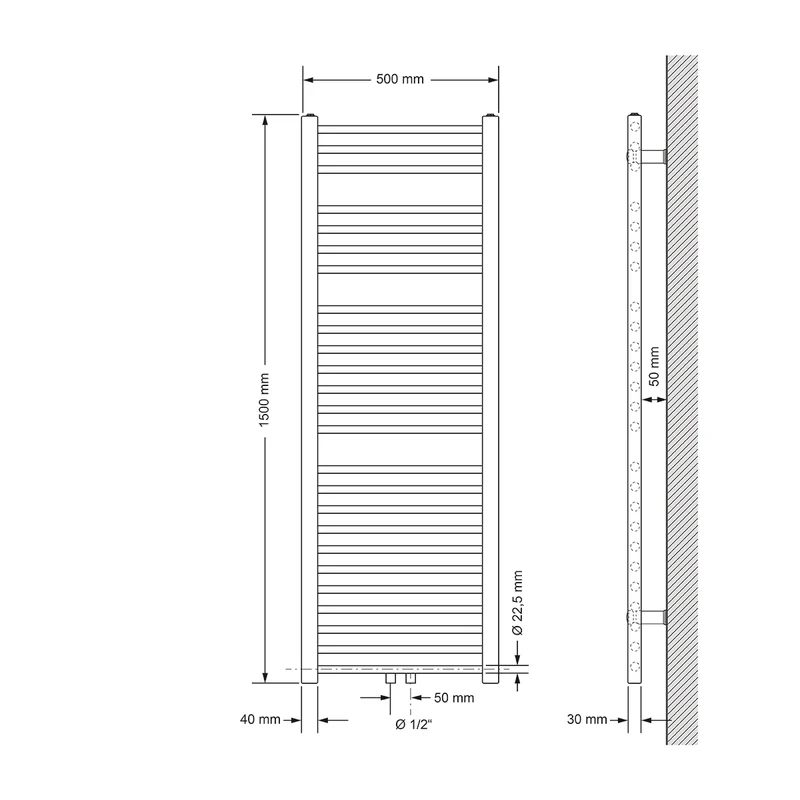 Badheizkörper Mittelanschluss 500x1500 mm Weiß gerade mit Wand Anschlussgarnitur LuxeBath