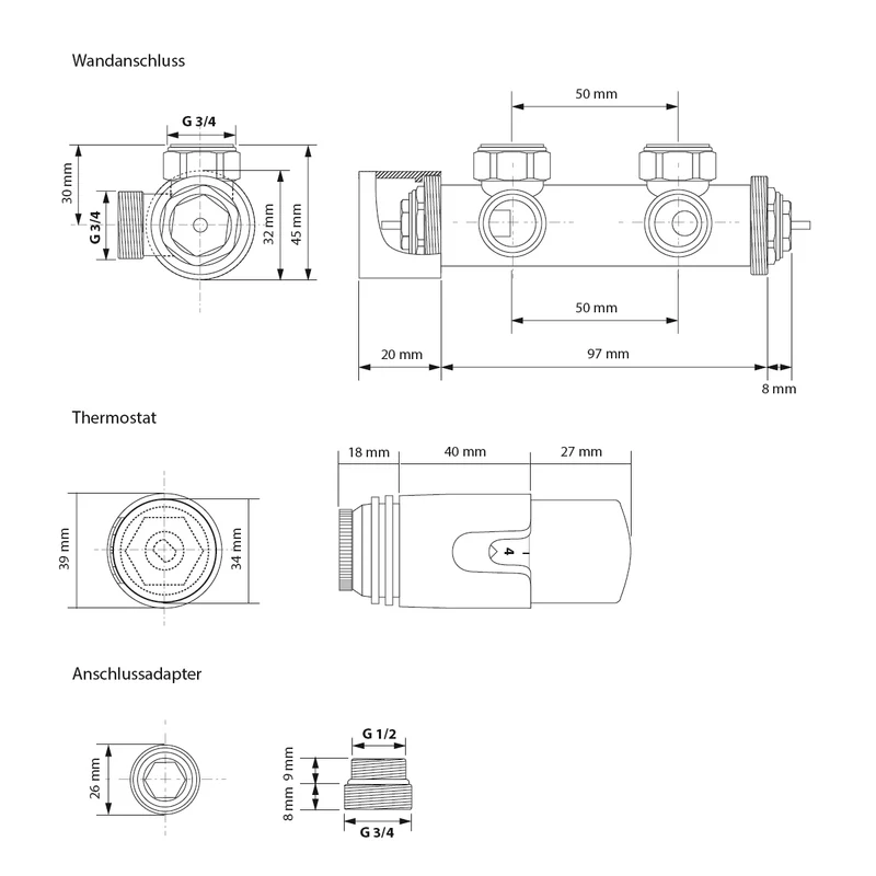 Badheizkörper Stella 370x1400 mm Weiß mit Wand Anschlussgarnitur