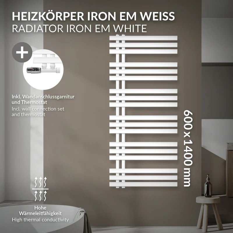 Badheizkörper Mittelanschluss 600x1400 mm Weiß mit Wand Anschlussgarnitur LuxeBath