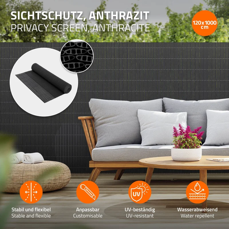 Sichtschutzmatte 120x1000 cm Sichtschutzzaun Windschutz Balkonschutz PVC Anthrazit UV-beständig