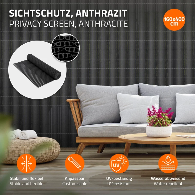 Sichtschutzmatte 160x400 cm Sichtschutzzaun Windschutz Balkonschutz PVC Anthrazit UV-beständig