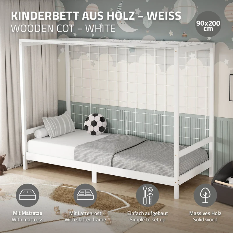 Kinderbett Fußballtor 90x200 cm Weiß aus Kiefernholz mit Matratze H-10cm Handballtor mit Lattenrost & Tornetz ML-Design