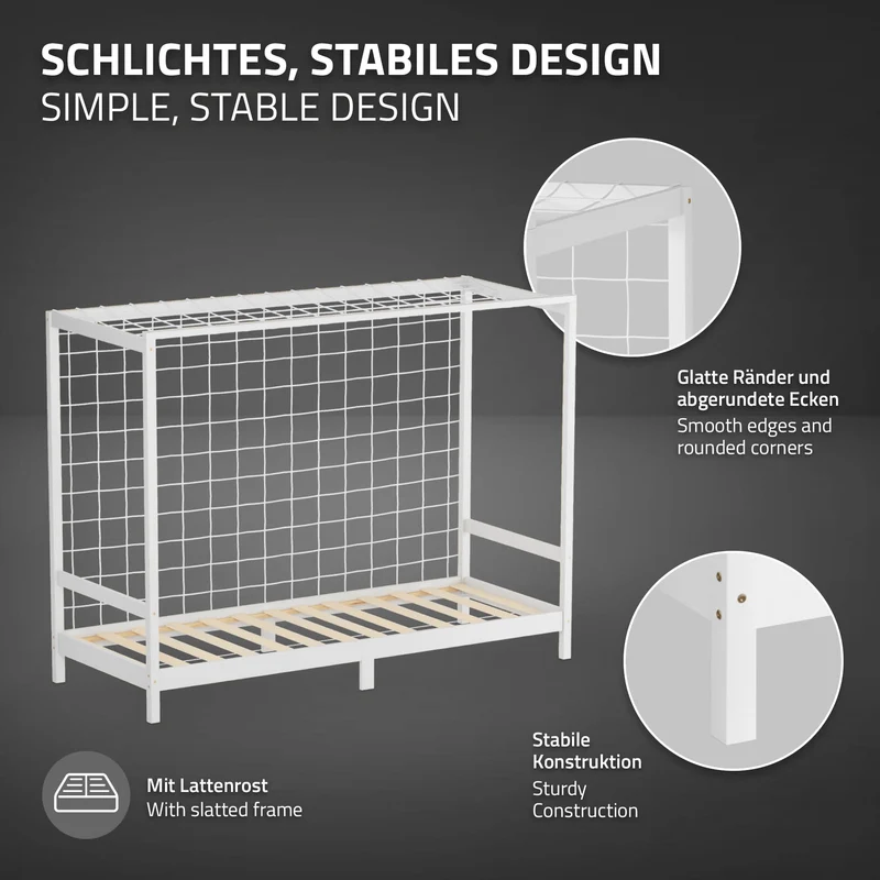 Kinderbett Fußballtor 90x200 cm Weiß aus Kiefernholz mit Matratze H-10cm Handballtor mit Lattenrost & Tornetz ML-Design