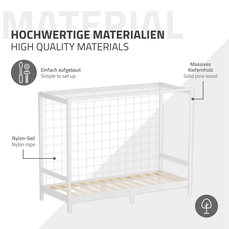 Kinderbett Fußballtor 90x200 cm Weiß aus Kiefernholz mit Matratze H-10cm Handballtor mit Lattenrost & Tornetz ML-Design