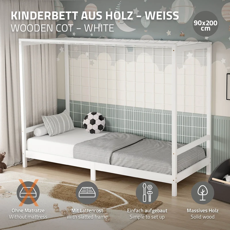 Kinderbett Fußballtor 90x200 cm Weiß Einzelbett für Kinder Holzbett mit Lattenrost & Tornetz Handballtor ML-Design