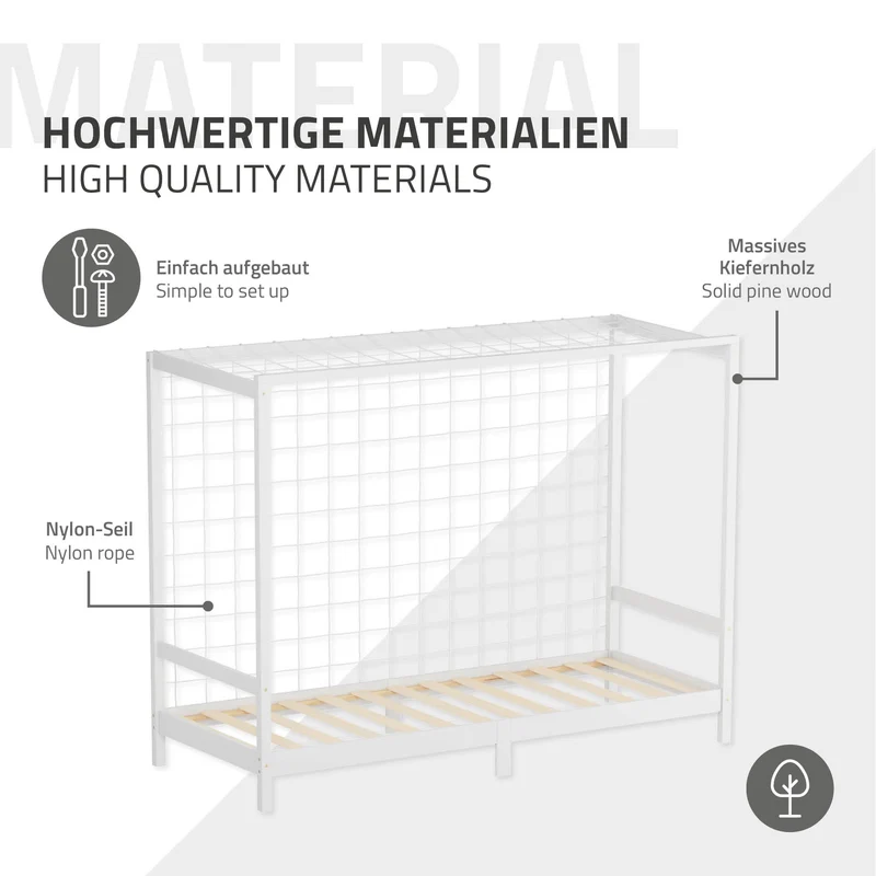 Kinderbett Fußballtor 90x200 cm Weiß Einzelbett für Kinder Holzbett mit Lattenrost & Tornetz Handballtor ML-Design