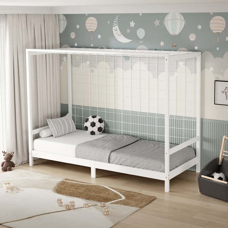 Kinderbett Fußballtor 90x200 cm Weiß Einzelbett für Kinder Holzbett mit Lattenrost & Tornetz Handballtor ML-Design