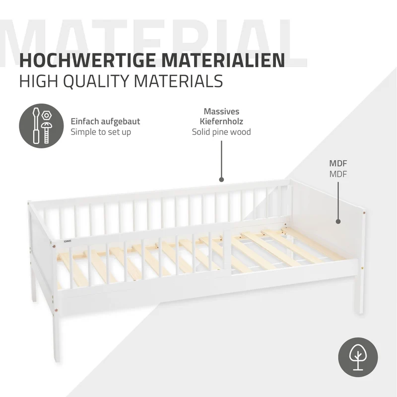 Kinderbett 80x160 cm mit Matratze, Lattenrost und Rausfallschutz in Weiß ML-Design
