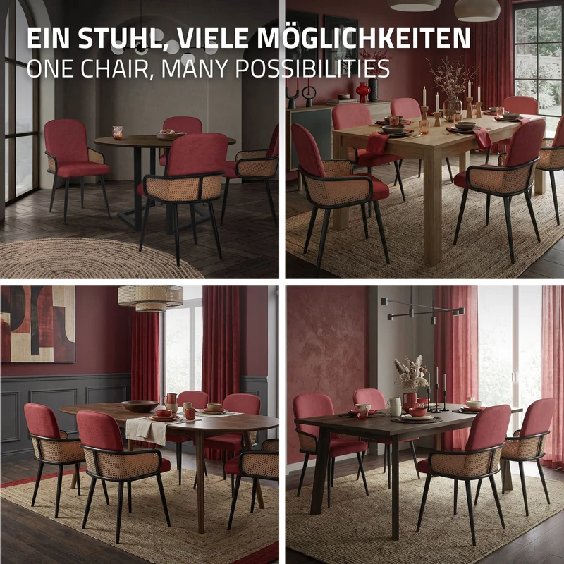 Esszimmerstühle 4er Set Rot mit Arm- & Rückenlehne, Polsterstühle für Esszimmer & Küche ML-Design