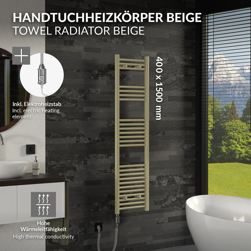 LuxeBath | Handtuchheizkörper elektrisch 600W Sahara gerade mit Seitenanschluss 400x1500 mm Stahl Beige Badheizkörper Handtuchtrockner für Badezimmer