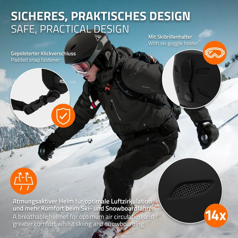 ECD Germany | Skihelm für Herren und Damen S, M, L Snowboardhelm mit Belüftungssystem & Skibrillenhalter, optimaler Schutz & Tragekomfort