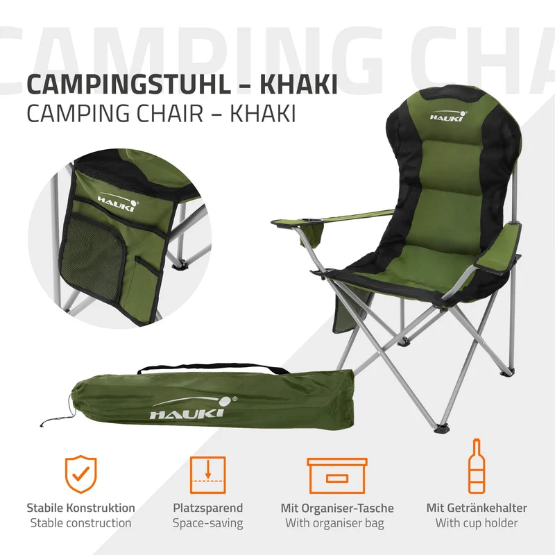 Campingstuhl faltbar bis 150 kg Khaki mit Getränkehalterung inkl. Tragetasche HAUKI