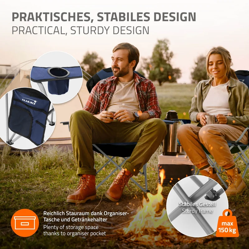 Camping Set 3-teilig mit Klapptisch Schwarz und 2 Campingstühlen Blau HAUKI