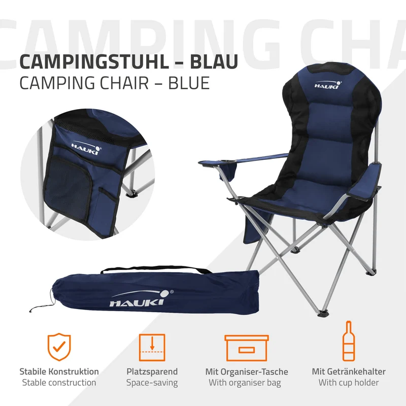 2x Campingstuhl faltbar bis 150 kg Blau mit Getränkehalterung inkl. Tragetasche Hauki