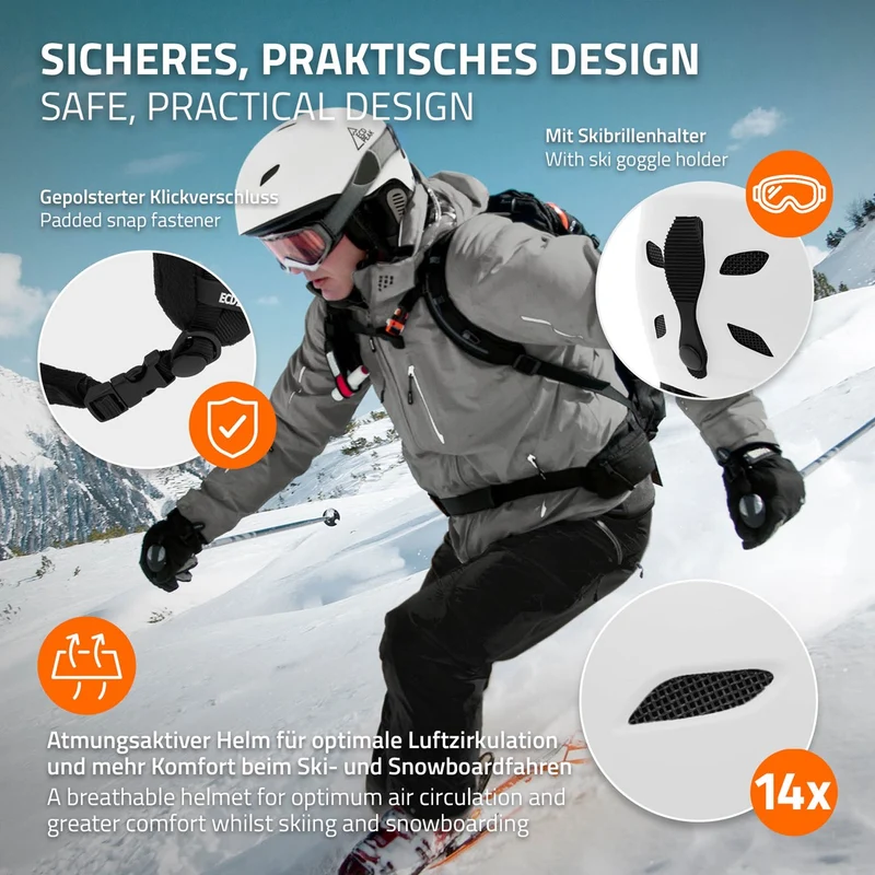 ECD Germany | Skihelm für Herren und Damen L (58-61 cm) Weiß Snowboardhelm mit Belüftungssystem & Skibrillenhalter, optimaler Schutz & Tragekomfort