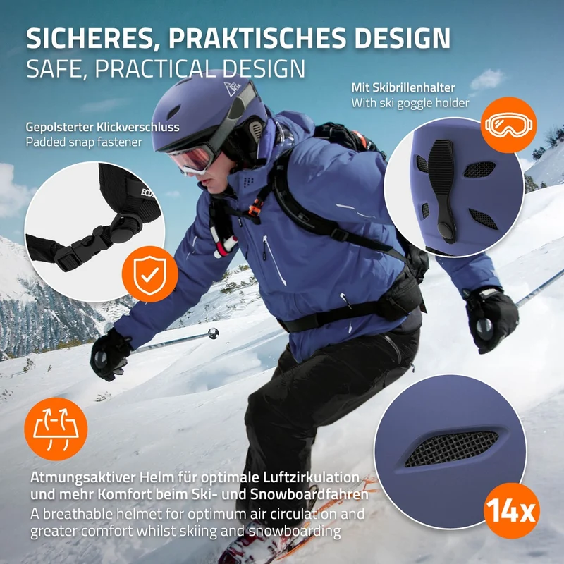 ECD Germany | Skihelm für Herren und Damen S (51-54 cm) Blau Snowboardhelm mit Belüftungssystem & Skibrillenhalter, optimaler Schutz & Tragekomfort