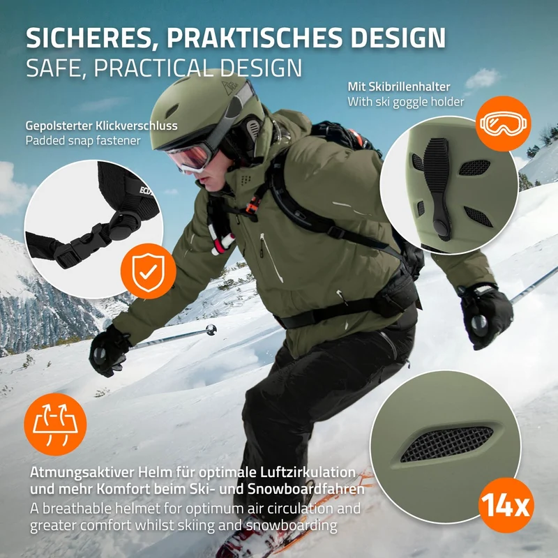 ECD Germany | Skihelm für Herren und Damen S (51-54 cm) Grün Snowboardhelm mit Belüftungssystem & Skibrillenhalter, optimaler Schutz & Tragekomfort