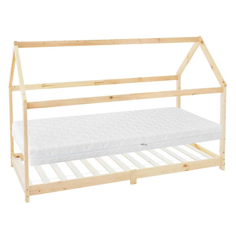 ML-Design | Kinderbett mit/ohne Matratze aus Kiefernholz Hausbett Holzbett mit Dach und Lattenrost
