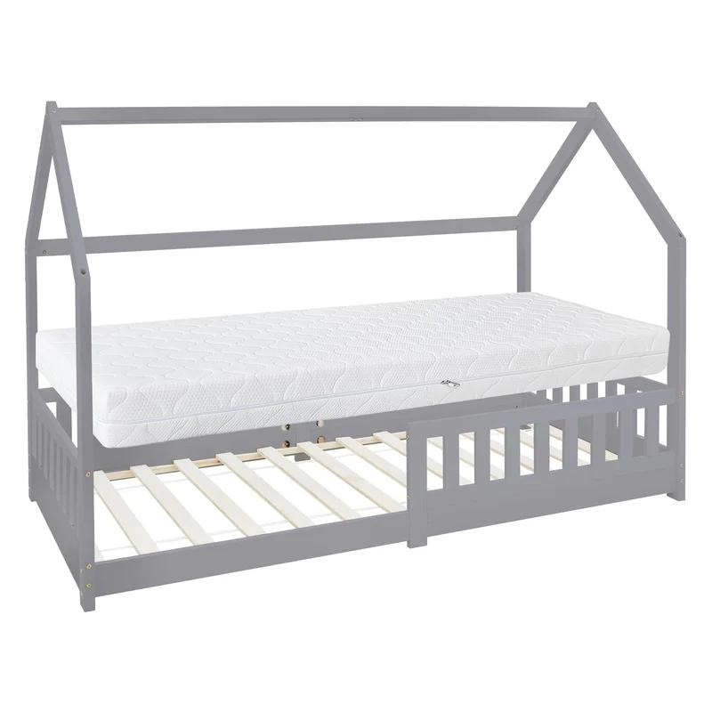 ML-Design | Kinderbett mit/ohne Matratze aus Kiefernholz Hausbett mit Rausfallschutz Dach und Lattenrost