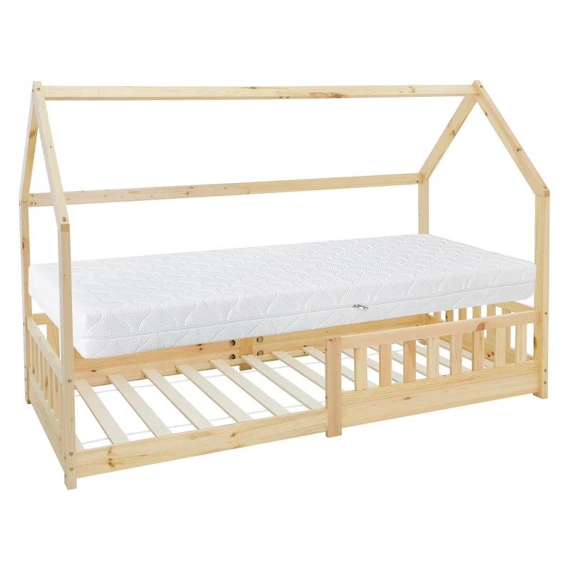 ML-Design | Kinderbett mit/ohne Matratze aus Kiefernholz Hausbett mit Rausfallschutz Dach und Lattenrost