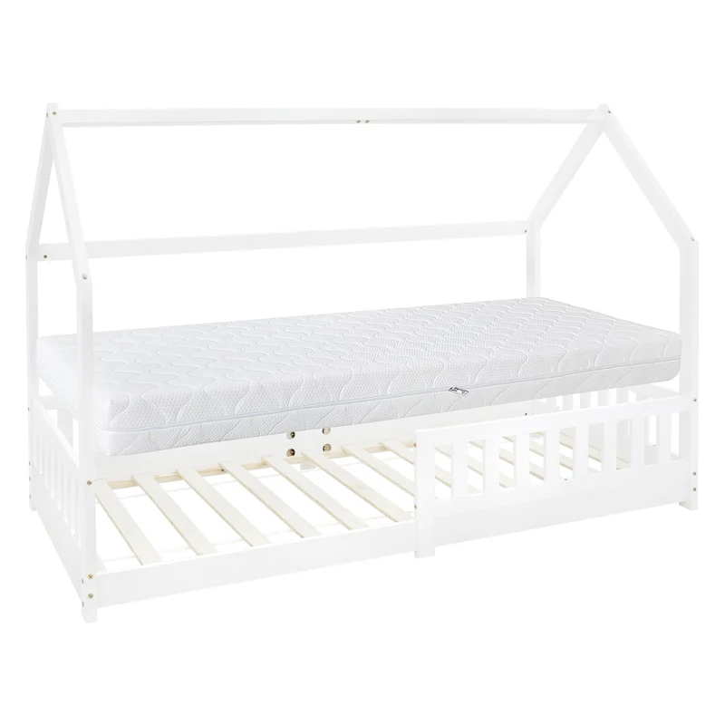 ML-Design | Kinderbett mit/ohne Matratze aus Kiefernholz Hausbett mit Rausfallschutz Dach und Lattenrost