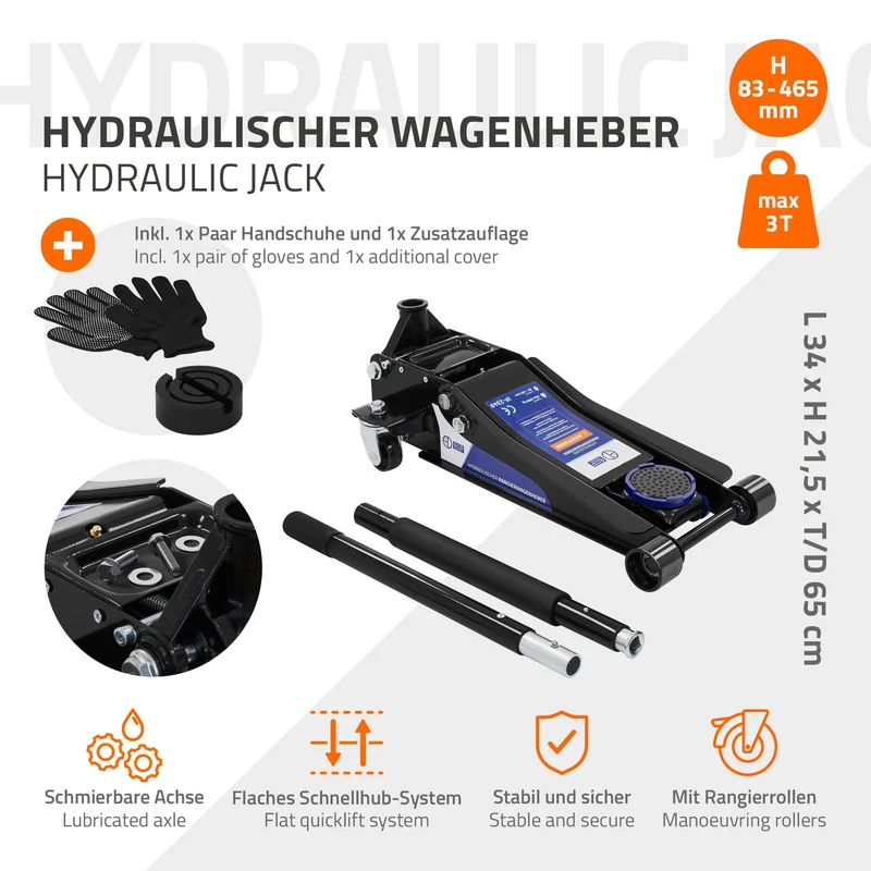 B-Ware Wagenheber hydraulisch 3T Rangierwagenheber tragbar inkl. zusätzlicher Gummiauflage & 1 Paar Handschuhe