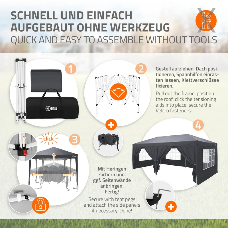 ECD Germany | Pavillon Pop Up B-Ware Wasserabweisend mit 6 Seitenwänden 3x6 m Polyester Oxford-Gewebe Anthrazit Faltpavillon Gartenpavillon Gartenzelt