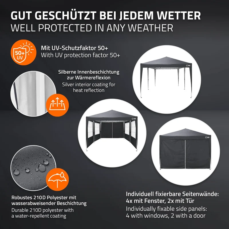 ECD Germany | Pavillon Pop Up B-Ware Wasserabweisend mit 6 Seitenwänden 3x6 m Polyester Oxford-Gewebe Anthrazit Faltpavillon Gartenpavillon Gartenzelt