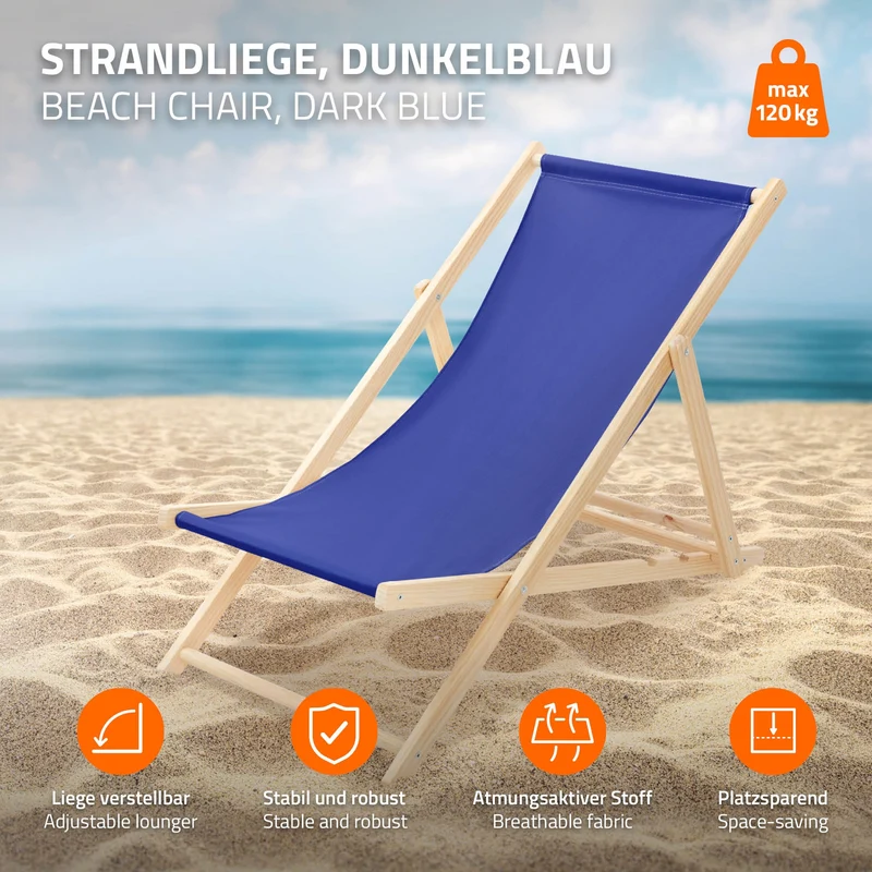 2er Set Liegestuhl klappbar Dunkelblau Holz verstellbare Rückenlehne bis 120 kg Sonnenliege Gartenliege Strandliege