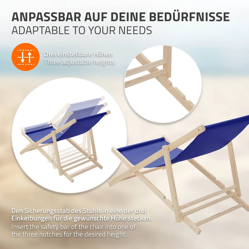 2er Set Liegestuhl klappbar Dunkelblau Holz verstellbare Rückenlehne bis 120 kg Sonnenliege Gartenliege Strandliege