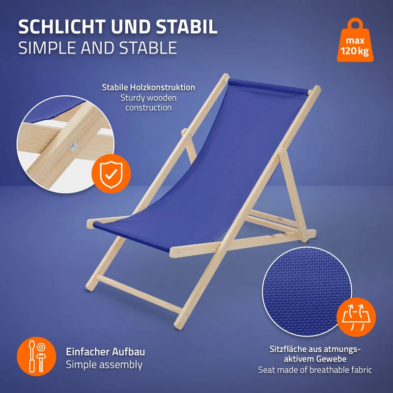 3er Set Liegestuhl klappbar Dunkelblau Holz verstellbare Rückenlehne bis 120 kg Sonnenliege Gartenliege Strandliege