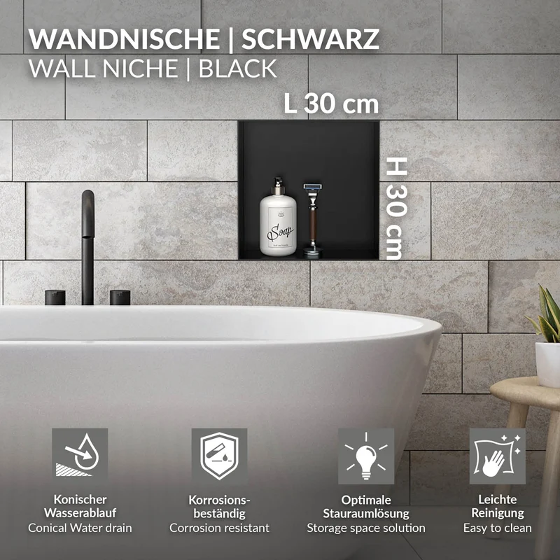 Duschnische 30x30 cm Schwarz aus Edelstahl Unterputz Rahmen Wandnische Duschablage LuxeBath