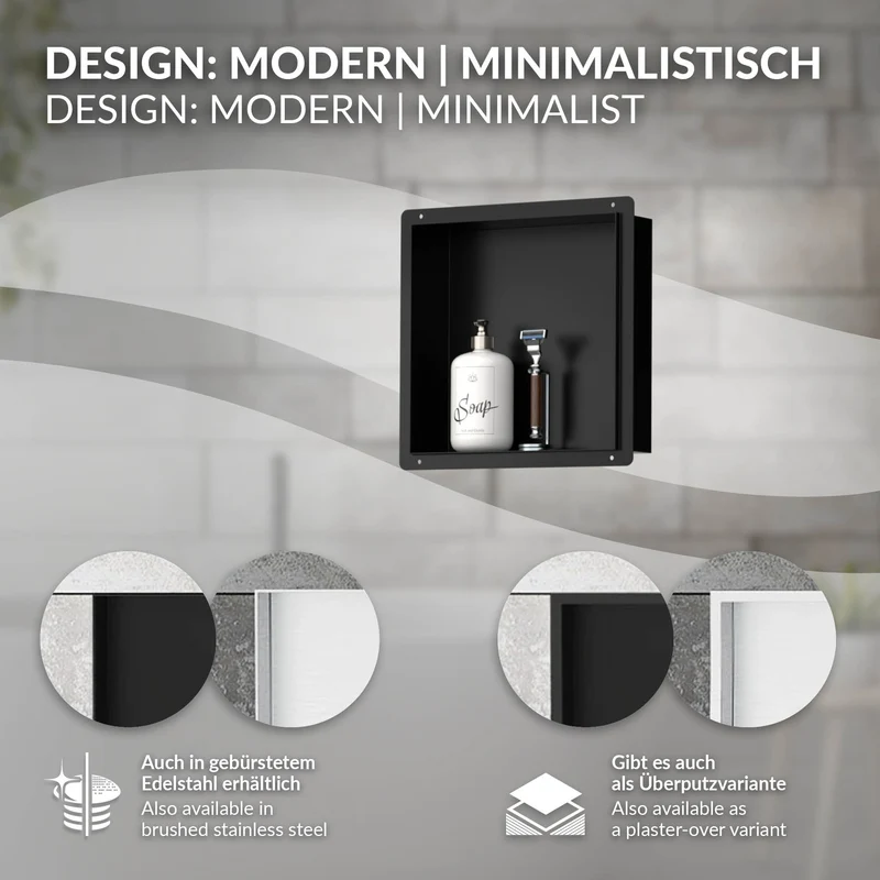 Duschnische 30x30 cm Schwarz aus Edelstahl Unterputz Rahmen Wandnische Duschablage LuxeBath