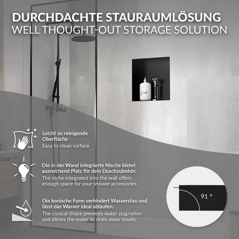Duschnische 30x30 cm Schwarz aus Edelstahl Unterputz Rahmen Wandnische Duschablage LuxeBath