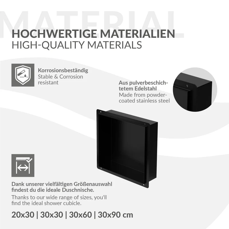 Duschnische 30x30 cm Schwarz aus Edelstahl Unterputz Rahmen Wandnische Duschablage LuxeBath