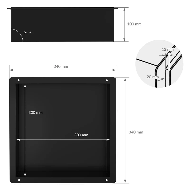 Duschnische 30x30 cm Schwarz aus Edelstahl Unterputz Rahmen Wandnische Duschablage LuxeBath
