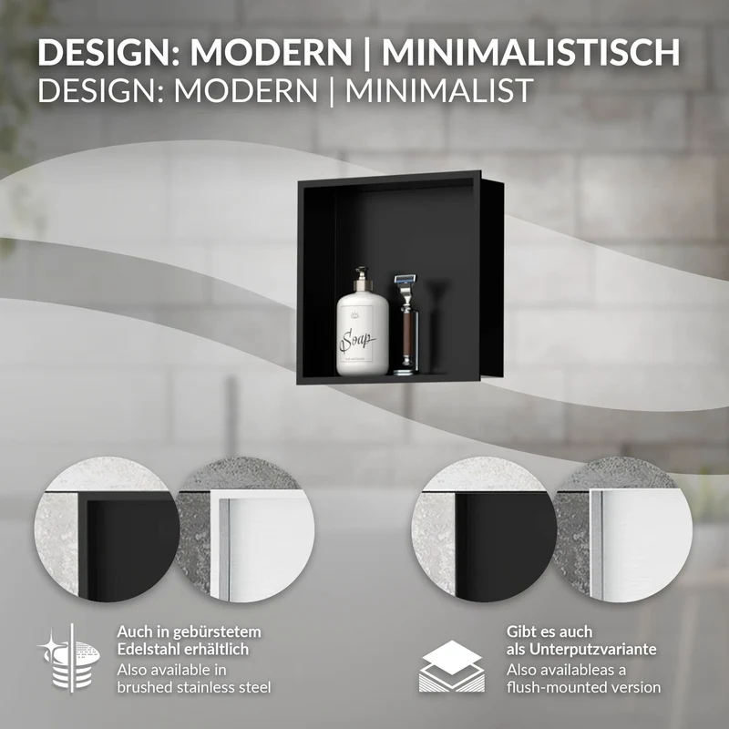 Duschnische 30x30 cm Schwarz aus Edelstahl Wandnische Duschablage LuxeBath