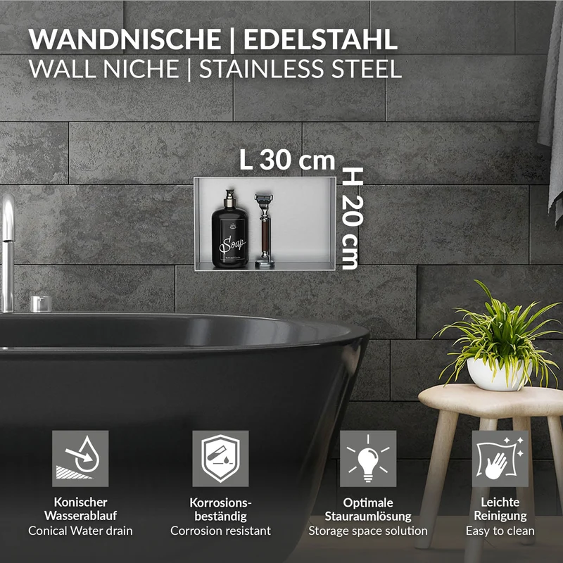 Duschnische 30x20 cm Silber aus Edelstahl Unterputz Rahmen Wandnische Duschablage LuxeBath