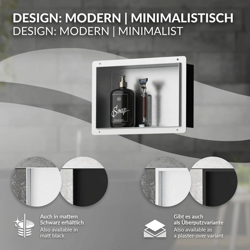 Duschnische 30x20 cm Silber aus Edelstahl Unterputz Rahmen Wandnische Duschablage LuxeBath