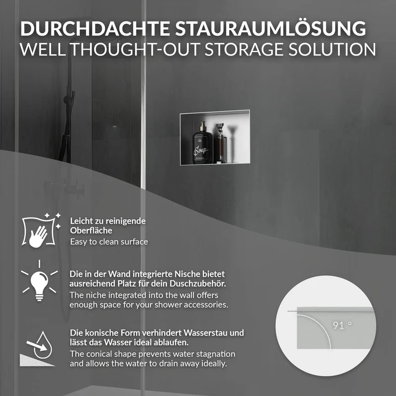 Duschnische 30x20 cm Silber aus Edelstahl Unterputz Rahmen Wandnische Duschablage LuxeBath