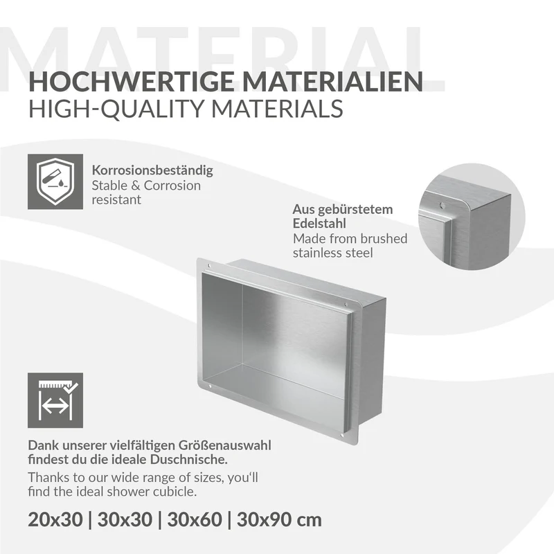 Duschnische 30x20 cm Silber aus Edelstahl Unterputz Rahmen Wandnische Duschablage LuxeBath